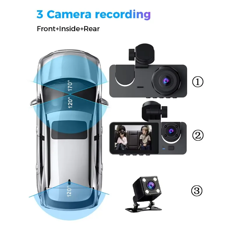 Y15 Triple Lens WIFI Car Dash Cam 1080P HD Night Vision + Reverse Camera with Parking Monitor