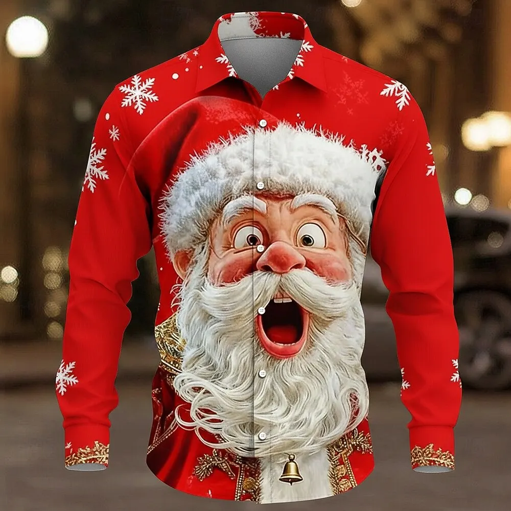 3D Print Santa Clause Graphic Men's Shirts Christmas Theme Fashion Creative Design Long Sleeve Tops Loose Casual Comfortable Top