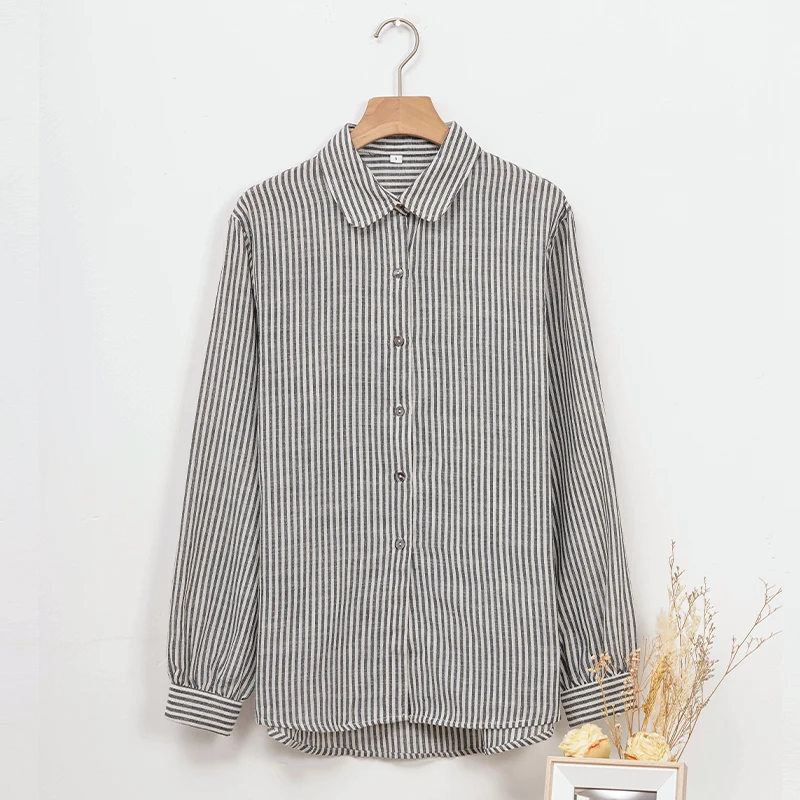 Vintage Linen Striped Women\'s Shirt 2024 Autumn New Ladies Lapel Button Up Casual Loose Long-Sleeved Medium-Length Shirts