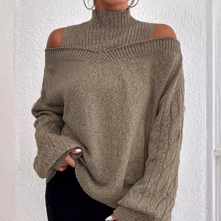 Sweater Mock Turtleneck Cold Shoulder Lantern Sleeve Loose Knit Pullover Casual Women's Long Sleeve Top