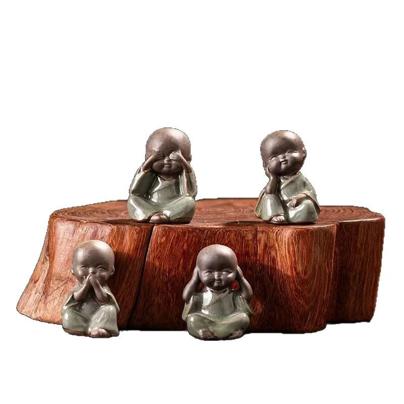 Ge Kiln Four No Monk Tea Pet Mini Buddha Statue Zen Ornament Desktop Decoration Car Home Garden Landscape Decor Craft Gift