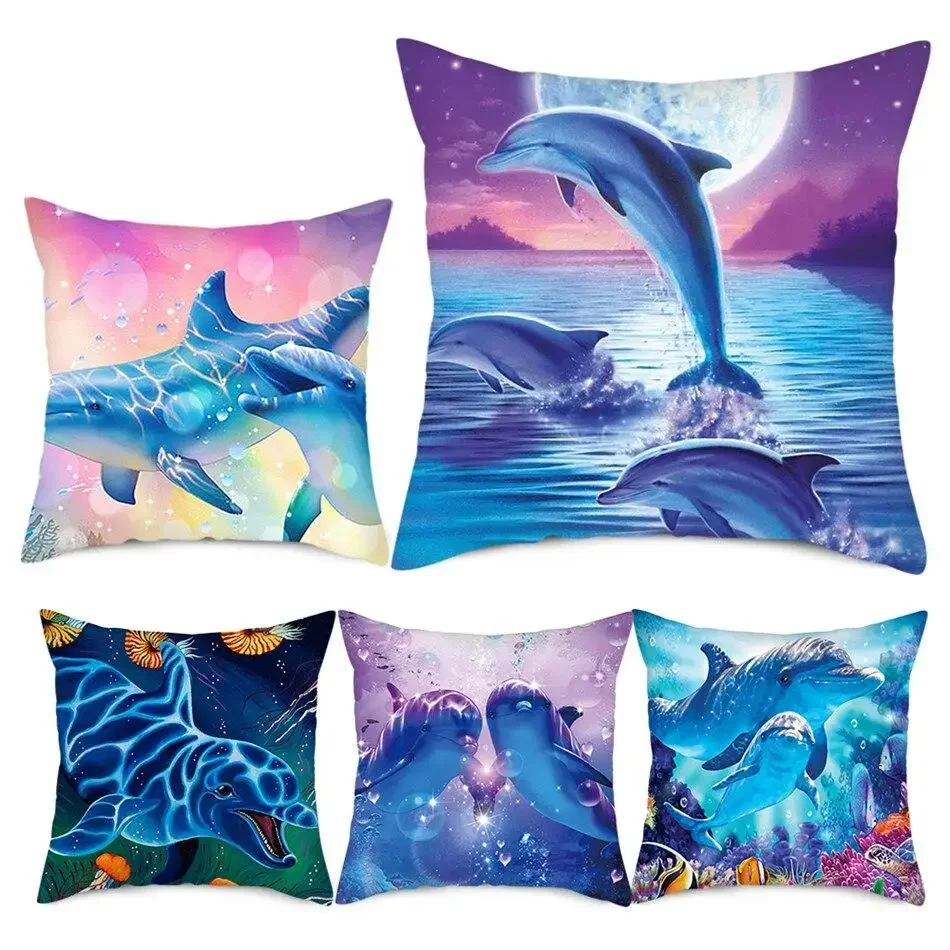 

Colorful Sea World Pillowcase Cute Dolphin Pattern Cushion Cover Home Sofa Car Decoration