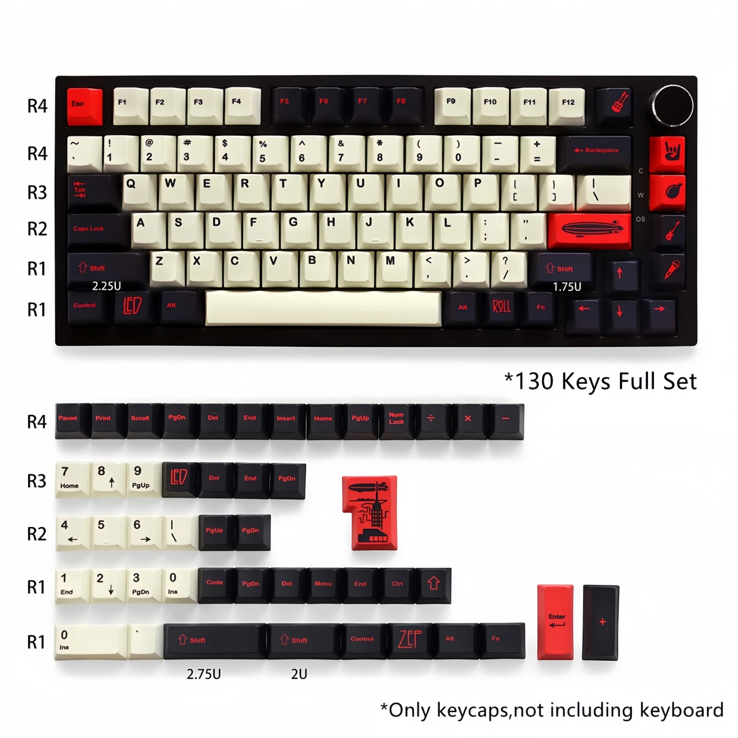 For Airship Style Cherry Profile Keycaps 130 Keys Black Red White Color Key Caps for 64/87/104/108 Mx Switch Mechanical Keyboard