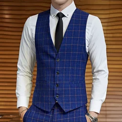 Men's Casual Business Plaid Vest Groom Wedding Dress Party Men's Casual Waist Jacket ( No Pants )