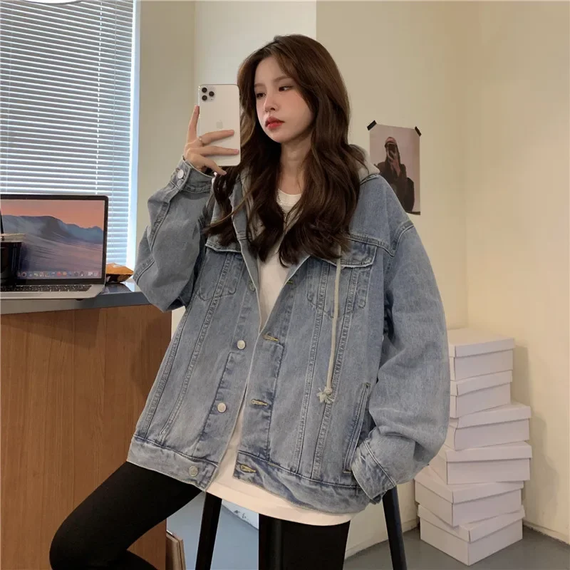 Jaket Denim bertudung wanita, Vintage biaya Single Breasted kantong longgar Fit pakaian luar kasual 2024 musim gugur mantel Streetwear