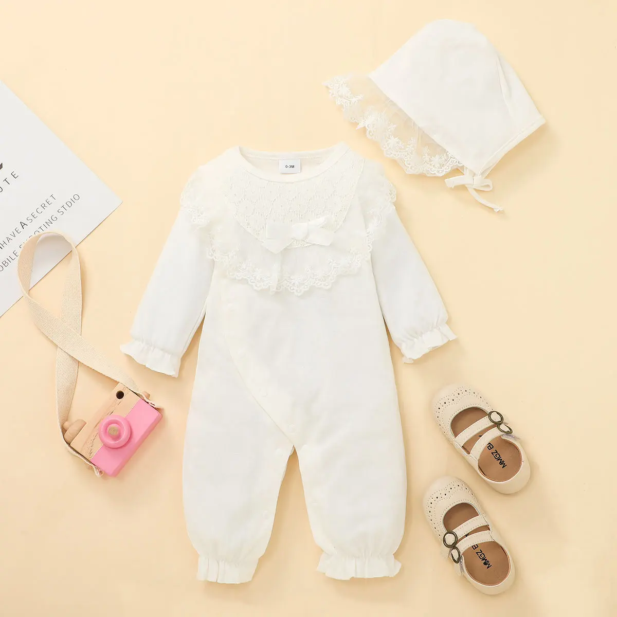 Laura Kors New Summer Infant Newborn Boys Romper Long Sleeve O Neck Lace White Hat White Baby Rompers Clothes Outfits 0-2T