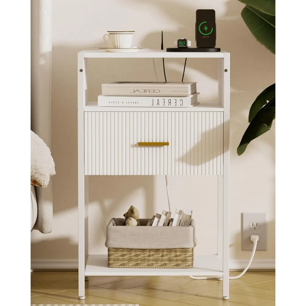

White Side Table, Modern Nightstand with Drawer, Fluted Bedside Table with 3 Storage Shelves for Living Room, Bedroom (White-Out