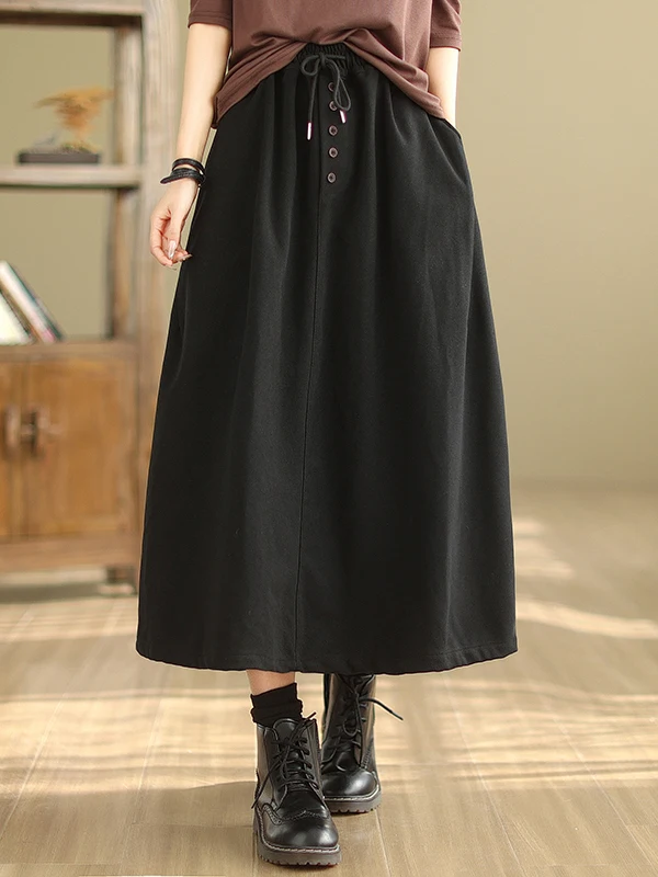 

High Waist Dstring Pure Color Versatile Elastic Waist A-Line Skirt Women's Faion Ci Commute Cotton Embroidery Skirt