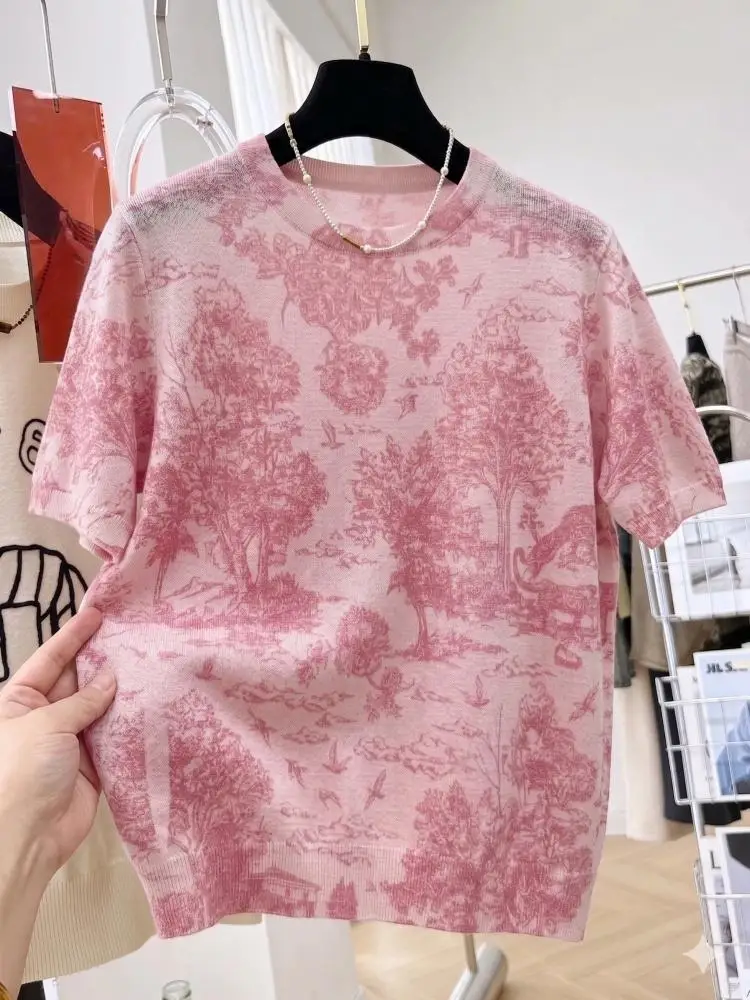 2026 Early Summer Women Lyocell Knit T-shirt Retro Ink Graffiti Tie Dye Print Loose Regular Shoulder Short Sleeve Casual Tops