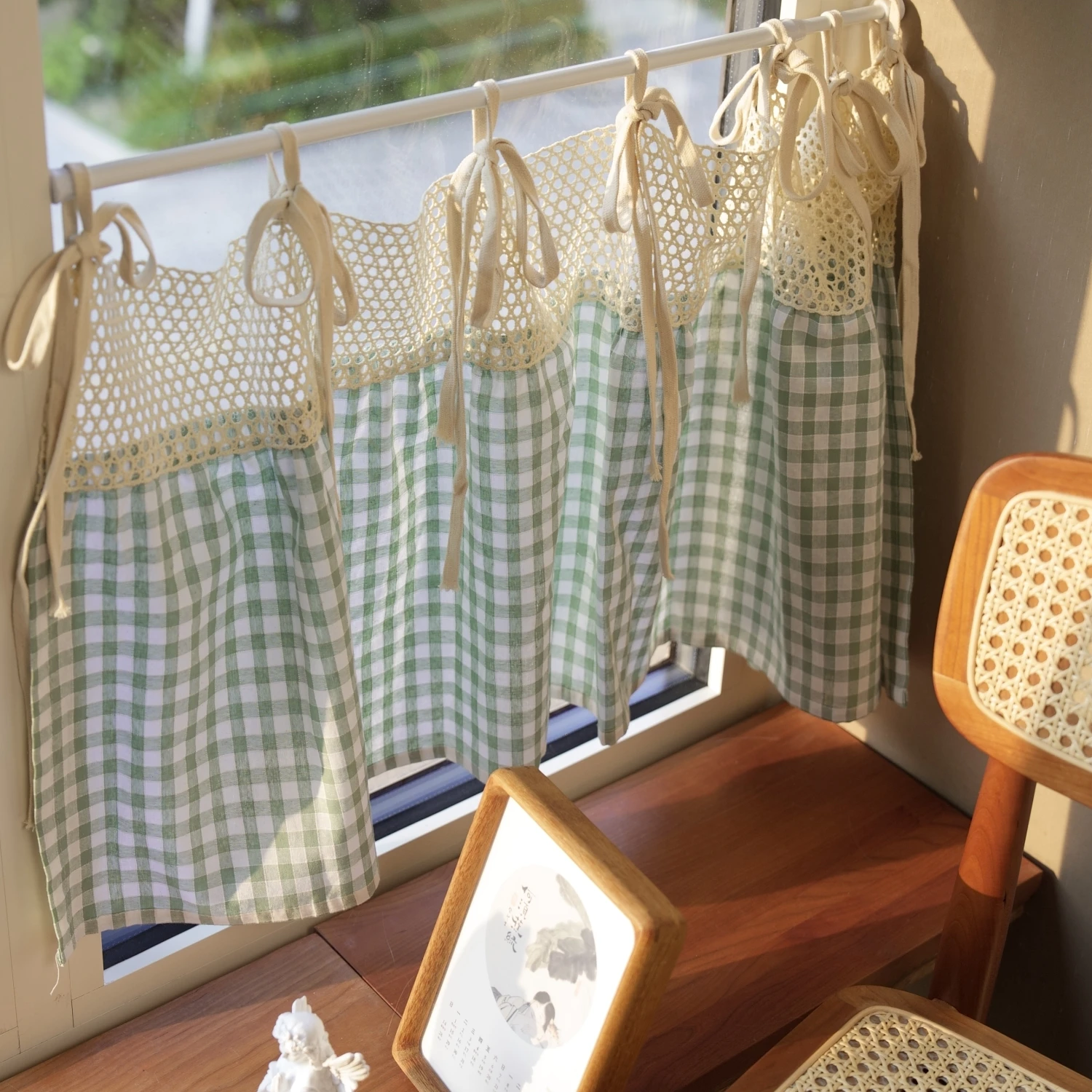 

American rural green grid half curtain window bathroom door curtain custom for cabinet coffee