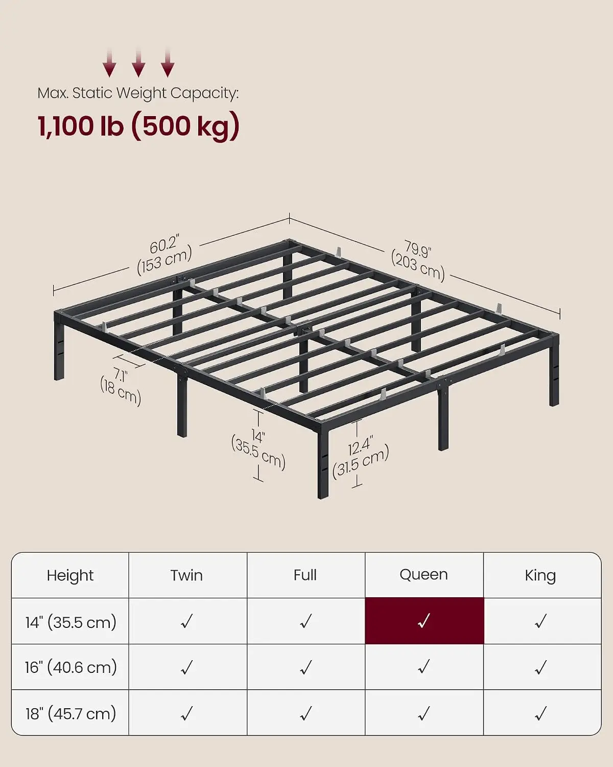 Metal Bed Frame 14 Inches Tall, 1100 lb Weight Capacity Heavy-Duty Platform Bed, No Box Spring Needed, Under-Bed Storage, Mattress Retainers, Easy Setup