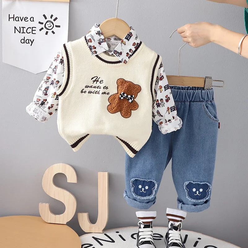 New Fashion Autumn Children Boys Girls Clothes Kids Sweater Vest Jacket Strips T-shirt Pants 3Pcs/Sets Kids Clothing Tracksuits