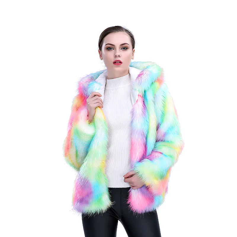 Women's Winter Party Artificial Fur Coat Colorful Pockets Hooded Female's Mink Fur Jacket  Instagram-Style Lady Eco Fur Coat