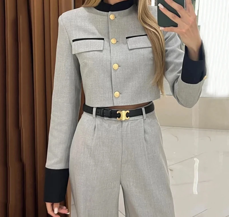 Women's Suits Streetwear Fashion Contrasting Color Small Fragrant Styleelegant Temperament Wide Leg Pants Sets 2023 Autumn New