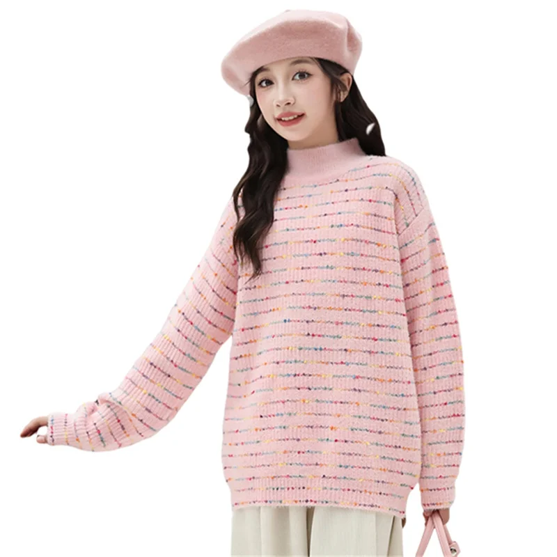 Fashion Kids Colorful Striped Half Turtleneck Sweater For Girls Spring Multi-colored Knitted Clothing Child Red Pink Knitwear