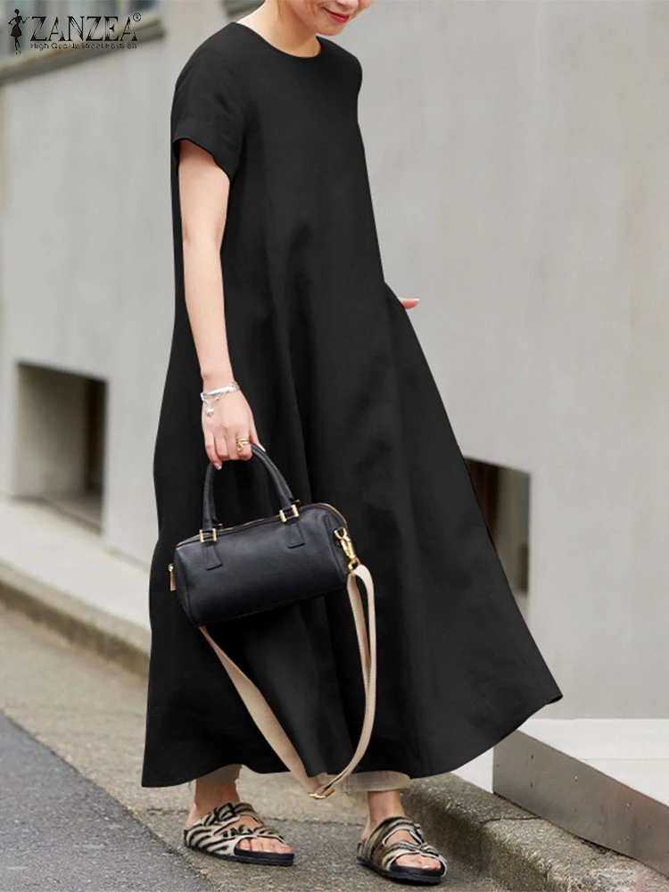 

2025 ZANZEA Summer A-line Loose Dress Women Elegant O Neck Short Sleeve Party Work Vestidos Solid Baggy Sundress Maxi Robe Femme