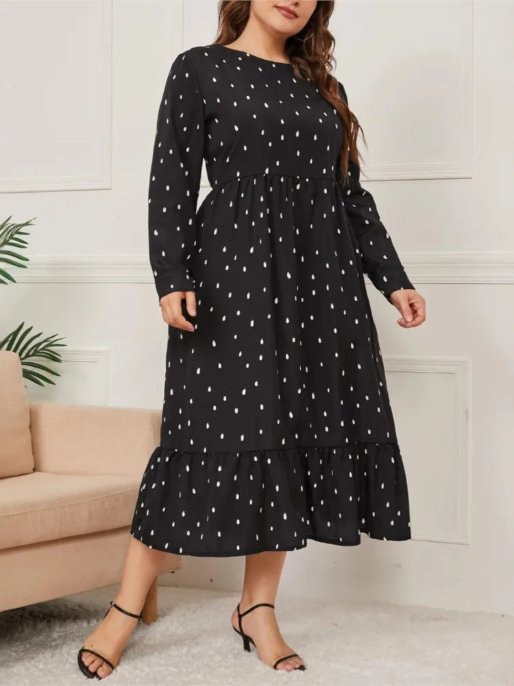 Plus Size Herfst Polka Dot Print Jurk Vrouwen Ruche Mode Losse Geplooide Dames Jurken Lange Mouw Vrouw Lange Jurk