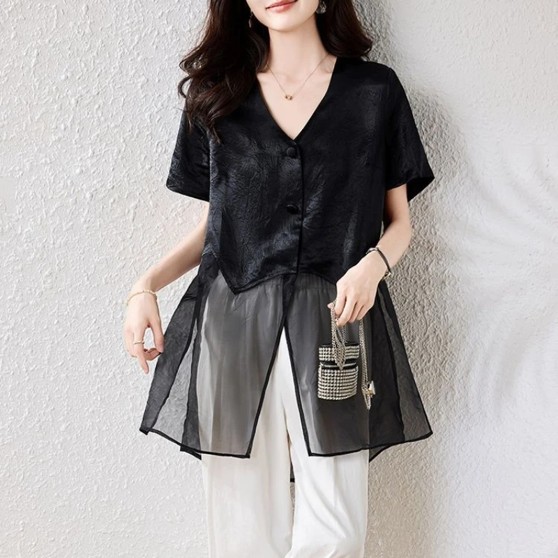 

Chic Mesh Paneled Casual Shirt Trendy Short Sleeve Top For Women Loose Fit Summer Blouse With Mid Length Design