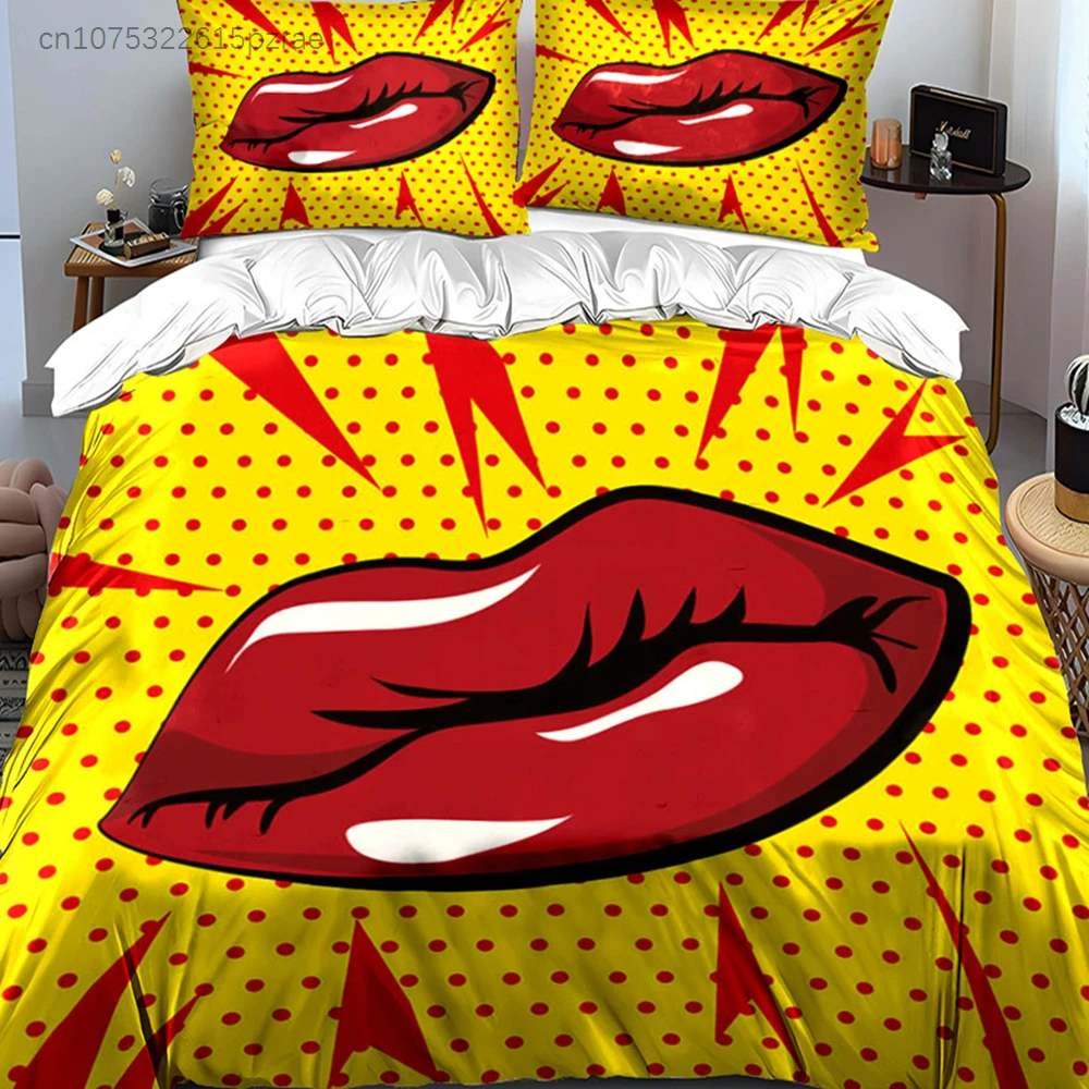 Pop Art Lip Decor Set Multiple Sizes kid's And adults' Bedroom Exquisite 3PC Bedding set, Gift