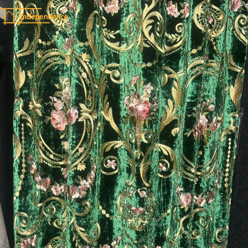 Retro Green Velvet Embroidery Thickened Curtains for Living Room Bedroom French Window Partition Curtain Villa Customization