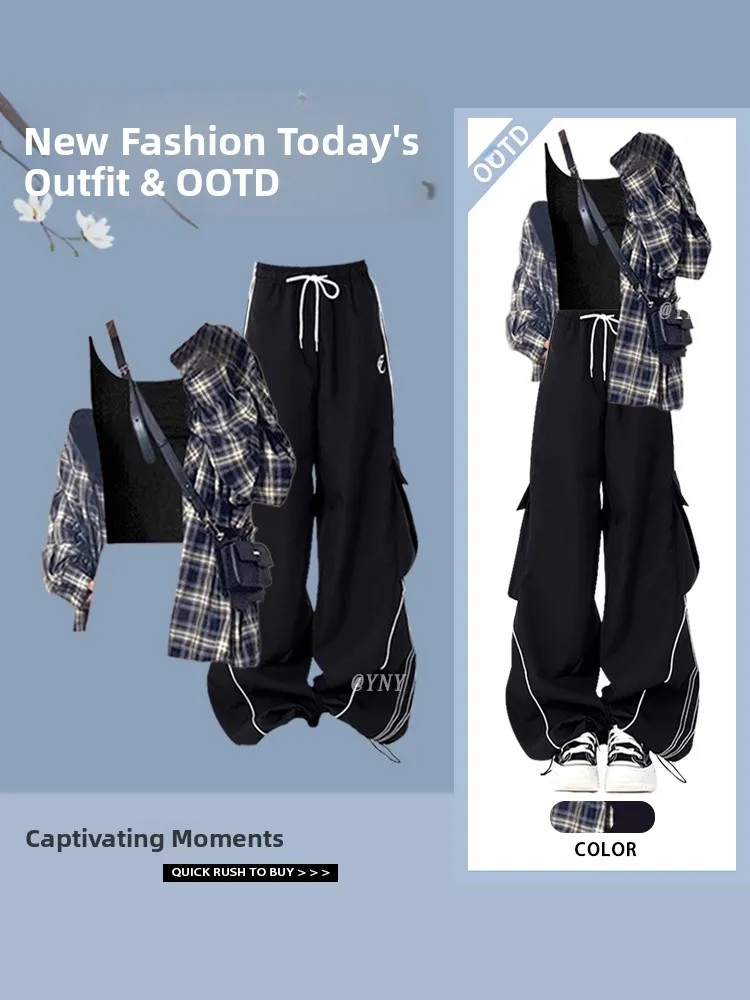 

American Style Spicy Girl Plaid Shirt Women's Casual Fashion Workwear Pants Three-Piece Set Outerwear Versatile Spring High-E...