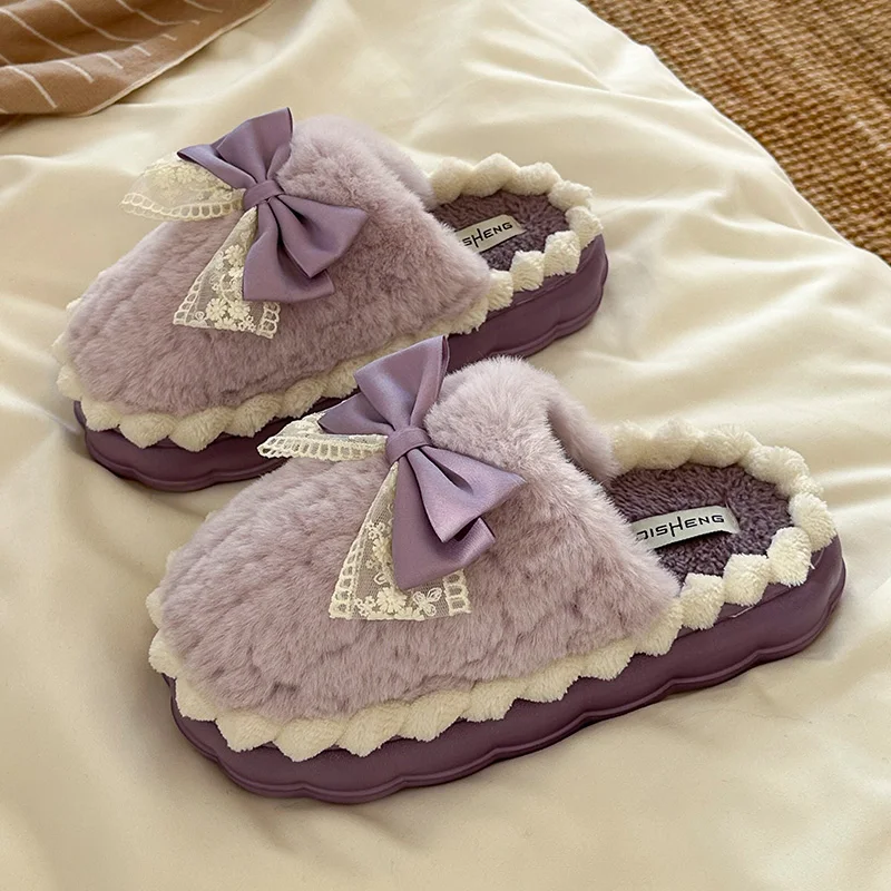 Winter Cute Bow Cotton Slippers Women Plush Warm Indoor Home Skin Friendly Wave Design Non Slips  House High Appearance Shoes