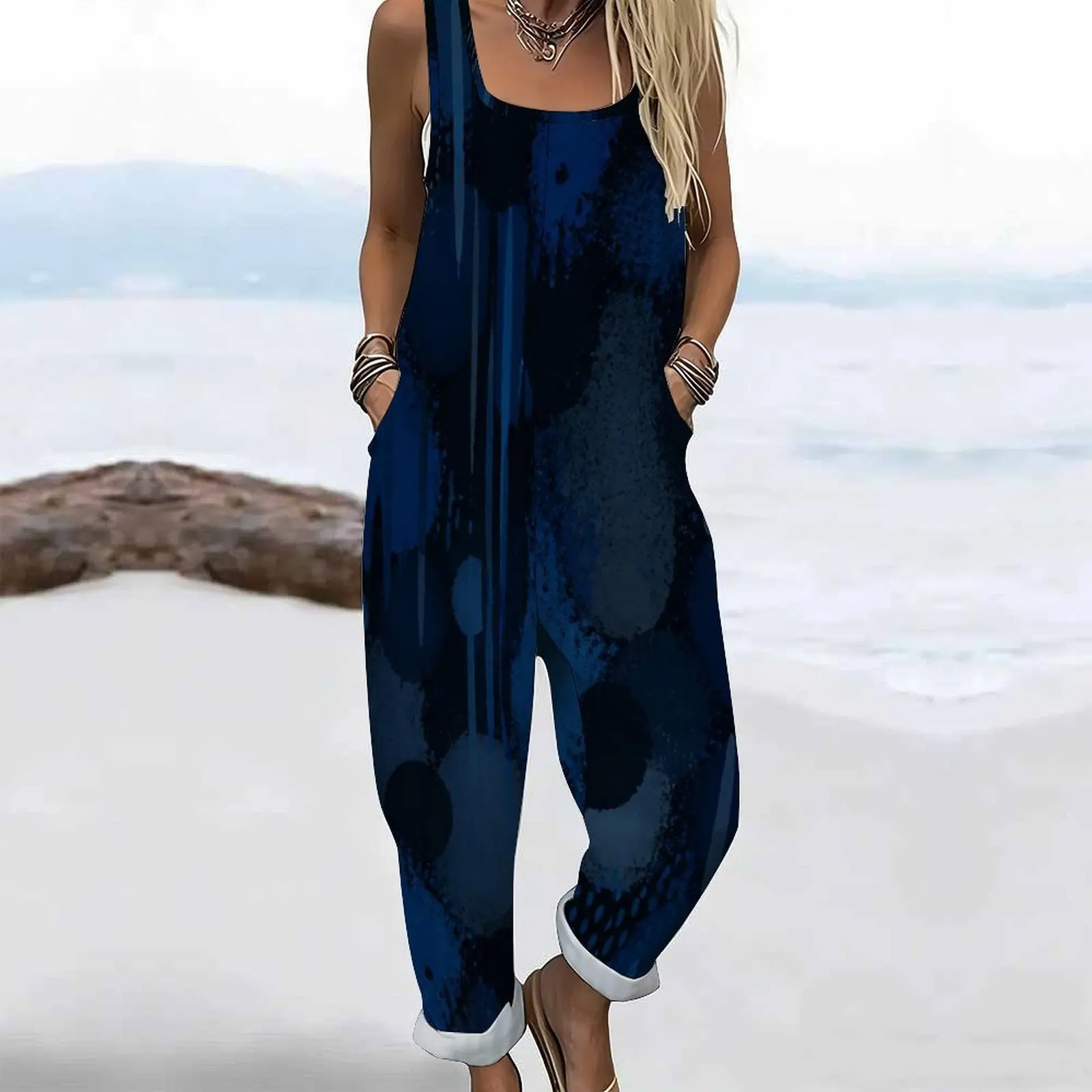 Women Printed Jumpsuit Square Neck Sleeveless Wide Straps Loose Fit Pockets Cuffed Ankle view 4