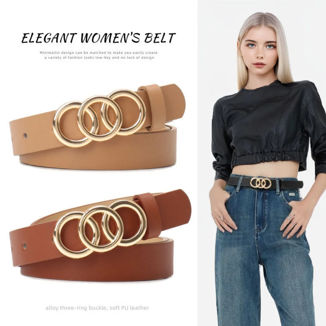 1pcs Set Triple Rings Buckle Belt Classic PU Leather Thin Waist Belt Casual Pin Buckle Waist Bands For Jeans Dress Pants