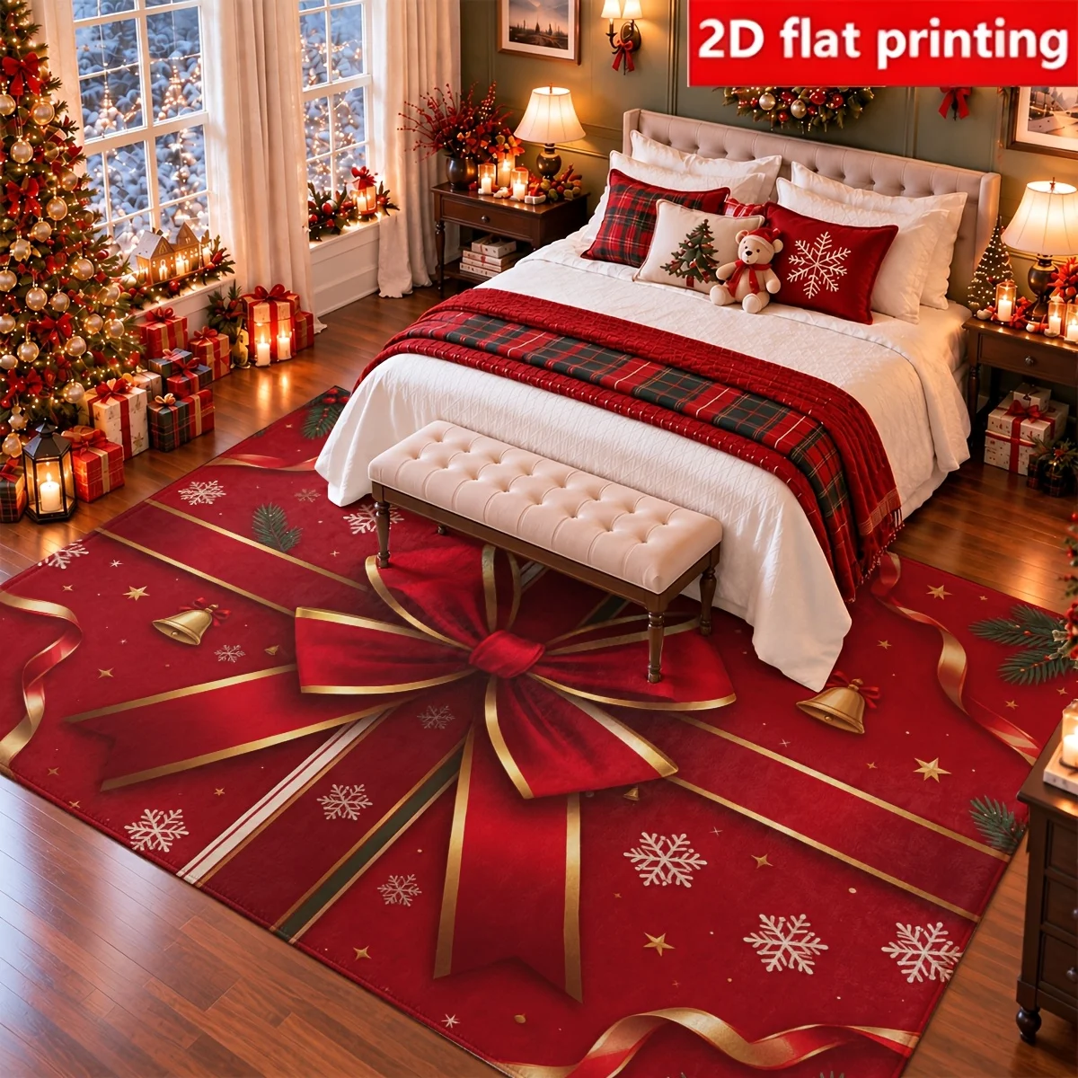 1pc 2D Flat Christmas Gift Bow Ribbon Snowflake Bell Holly Printed Floor Mat, Decorative Rug for Living Room, Bedroom, Home