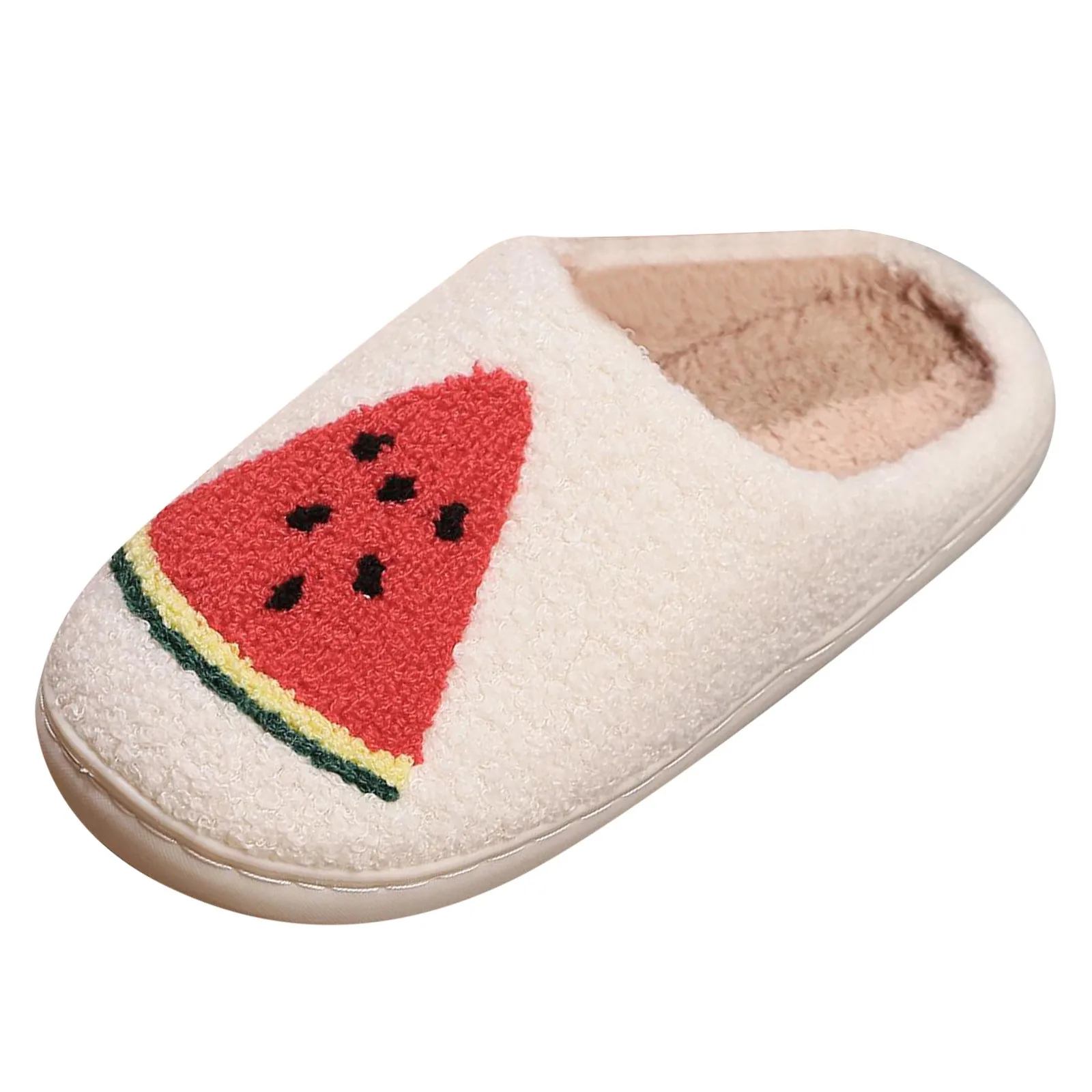 New Unisex Watermelon Embroidery Cotton Slippers Women and Men Soft Sole Indoor Plush Slippers Winter Warm Fluffy Home Slippers