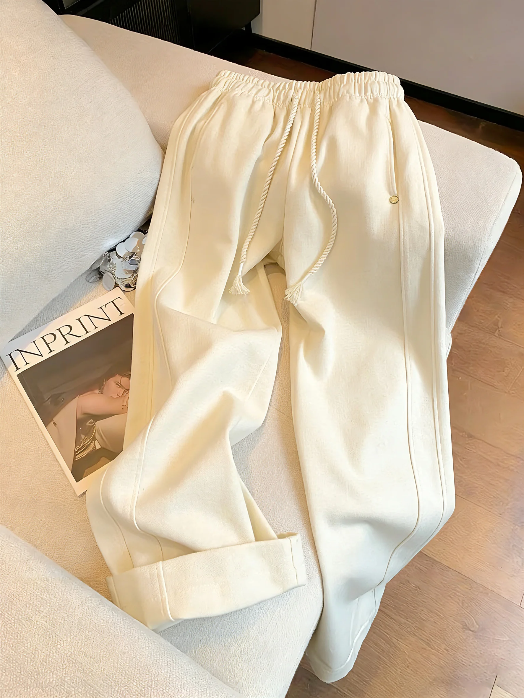 

Casual Wide Leg Pants Elastic Waist Dstring Loose Fit Men Women Spring Autumn Korean Sle Lazy Slimming Floor-Length