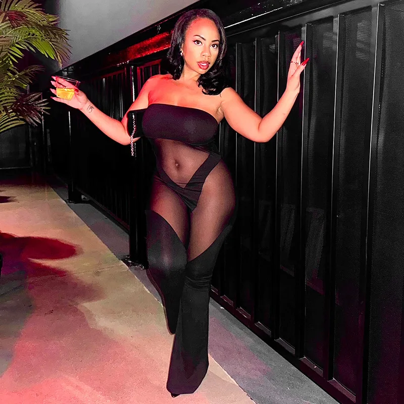 DSMTRC mujeres malla Patchwork abrigo pecho mamelucos ajustados Sexy ver a través de monos negros sin tirantes 2025 Coquette Midnight Clubwear