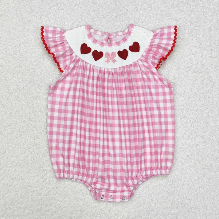 

RTS Heart Embroidery Pink Plaid Print Baby Girls Valentine's Day Smocked Romper
