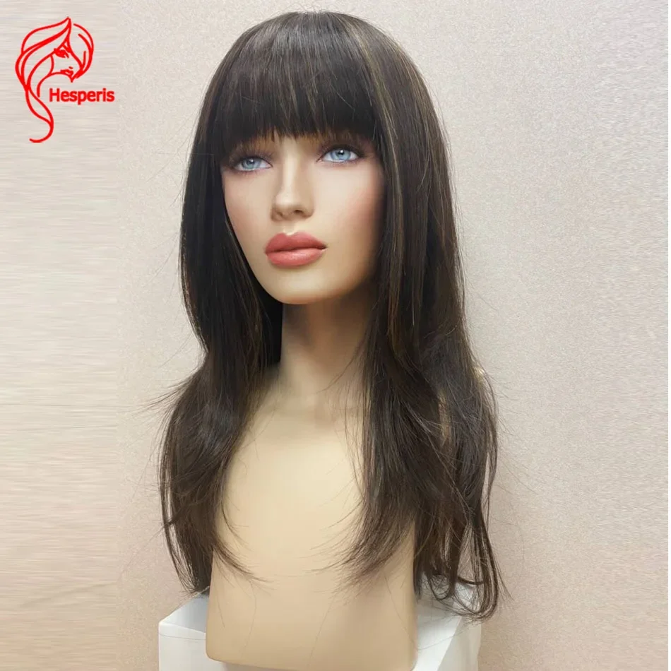 

Hesperis Natural Straight Full Machine Made Wig With Fringe For Women Brazilian Remy Highlight Human Hair Wig With Bangs