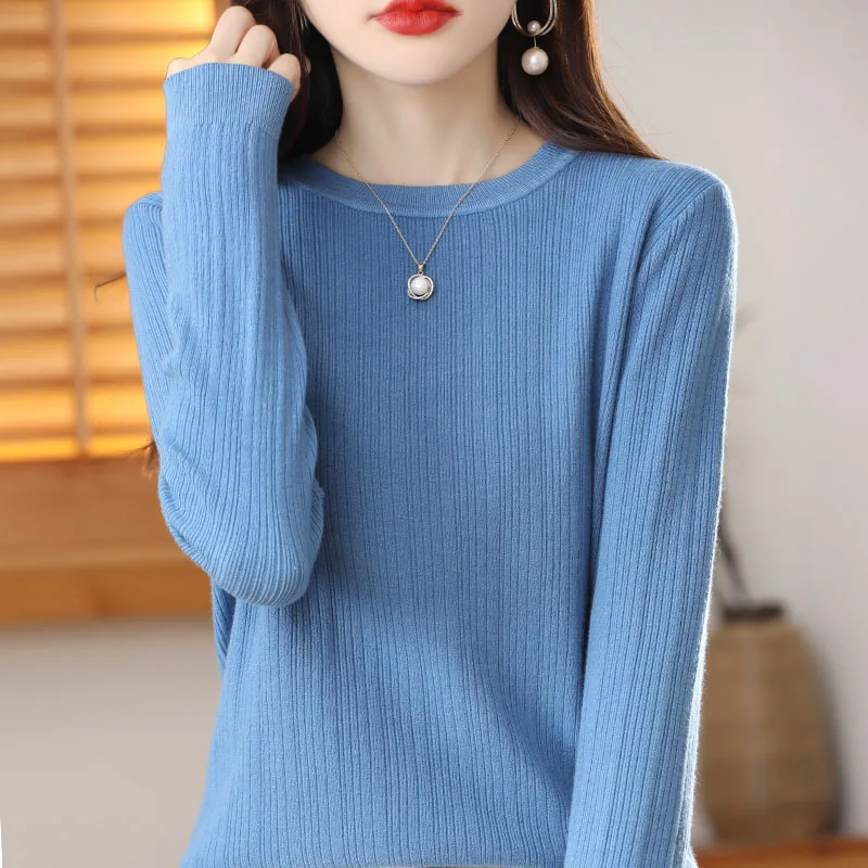 Women Autumn Winter New Wool Blend Sweater O-neck Vertical Stripe Pullover Casual Knitted Loose Tops Female Soft Sweater