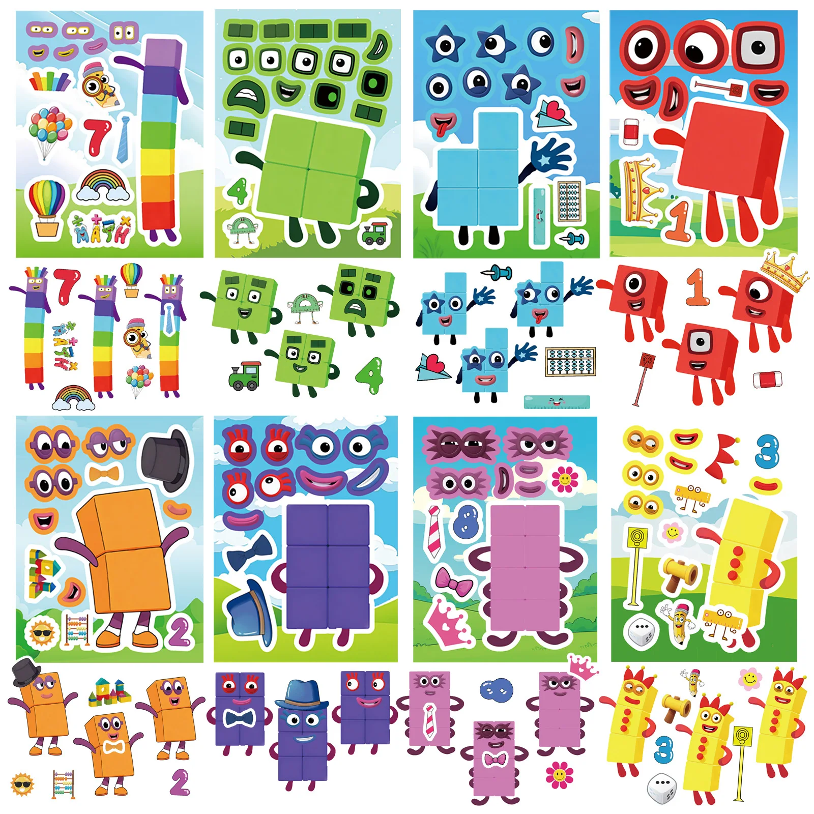 8 -16 -24Pcs Cartoon Digital Number Puzzle Face Change Stickers Reward DIY Waterproof Vinyl Decals for Notebook Stationery