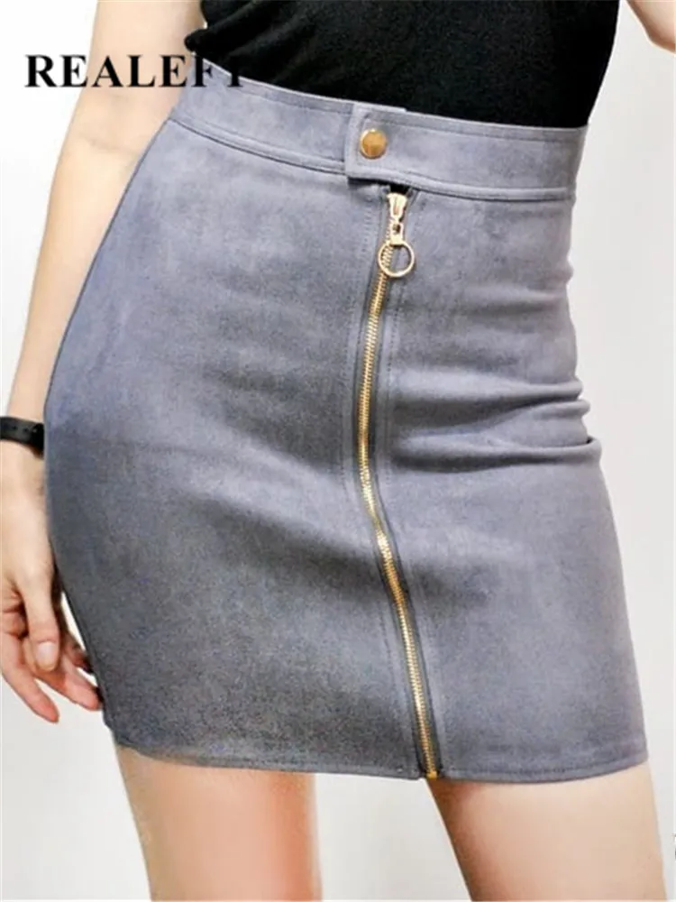 

REALEFT 2022 Autumn New Arrival Women Suede Elegant Pencil Mini Skirts High Waist Empire Harajuku Sheath Sexy Wrap Skirts Womens