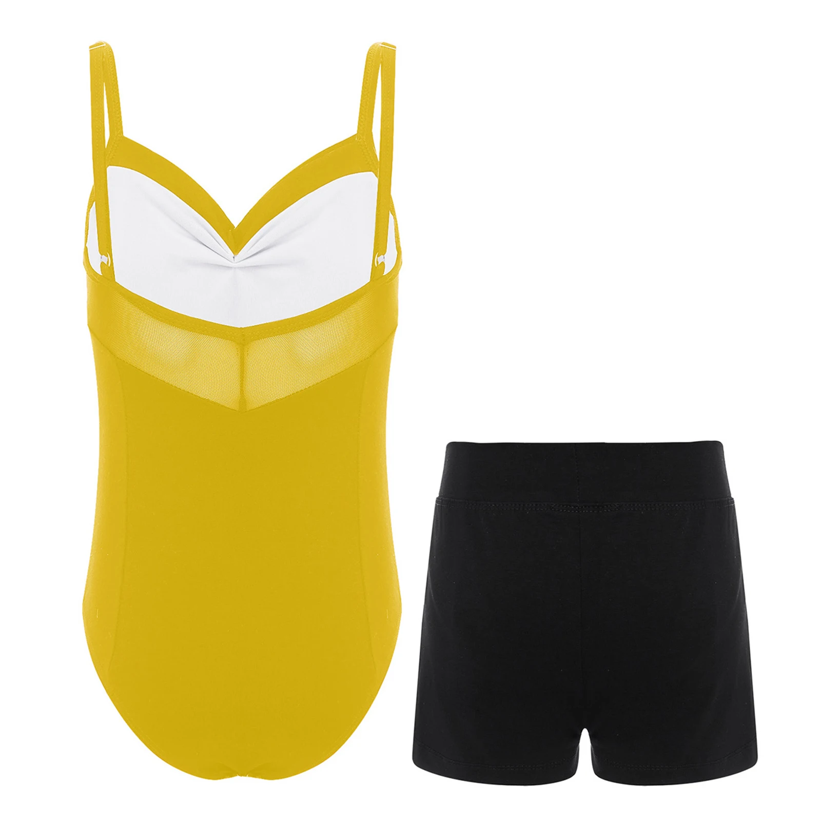 Tenue de spectacle de danse de gymnastique pour enfants filles, sans manches, dos nu, bretelles Spaghetti réglables, justaucorps de Ballet froncé avec short