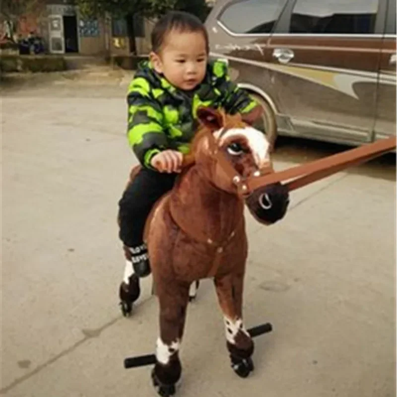 80cm 31inch High Ride on horse plush toy with wheels stuffed animals Trojan Horse moving horse doll for kids