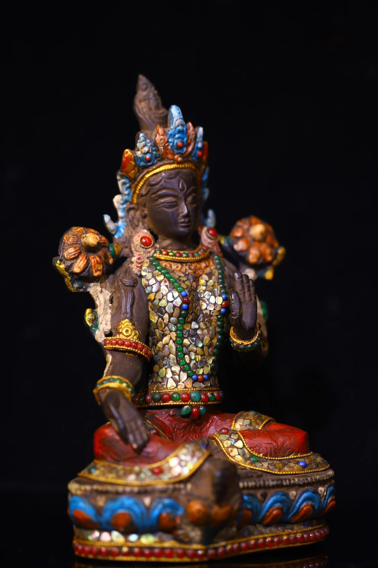 

8"Tibetan Temple Collection Old Bronze Mosaic Gem gZi Beads Shell Green Tara Sitting Buddha Worship Hall Town house Exorcism