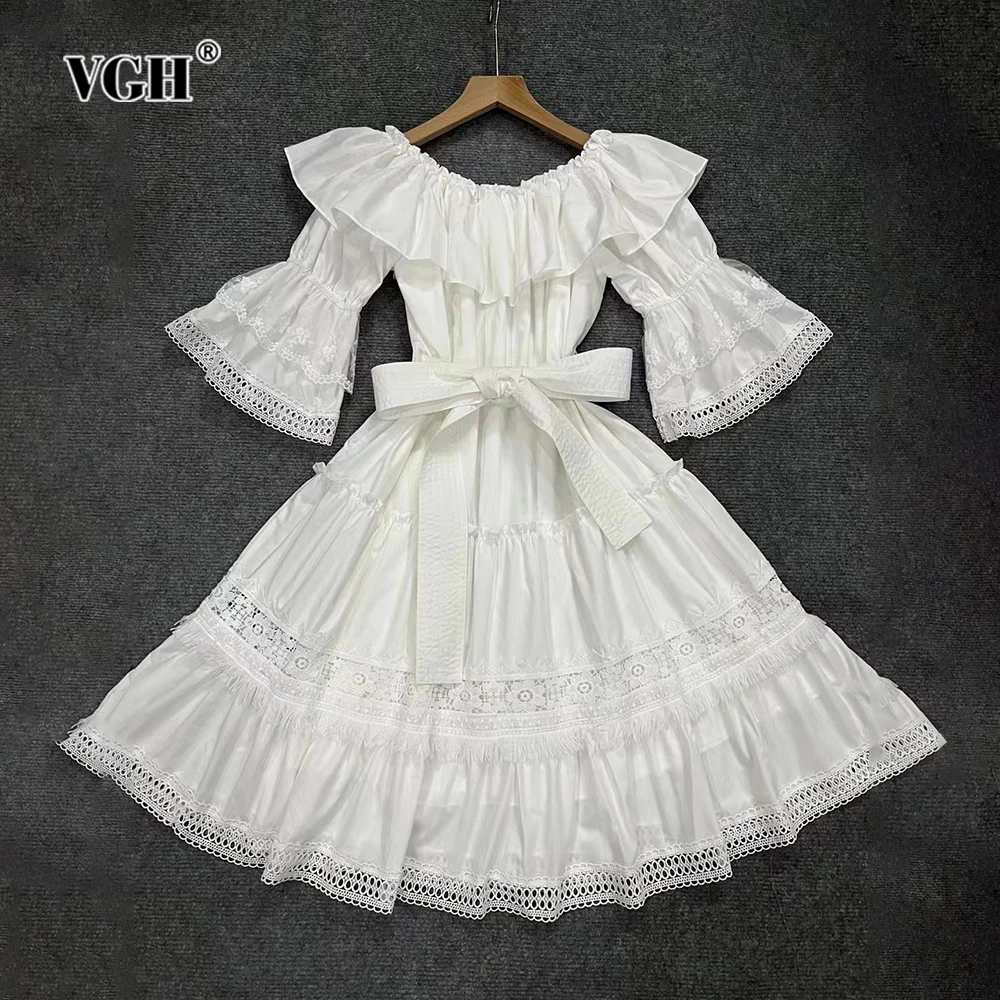 

VGH Solid Patchwork Tierred Elegant Dresses For Women Slash Neck Flare Sleeve High Waist Spliced Lace Up Mini Dress Female New