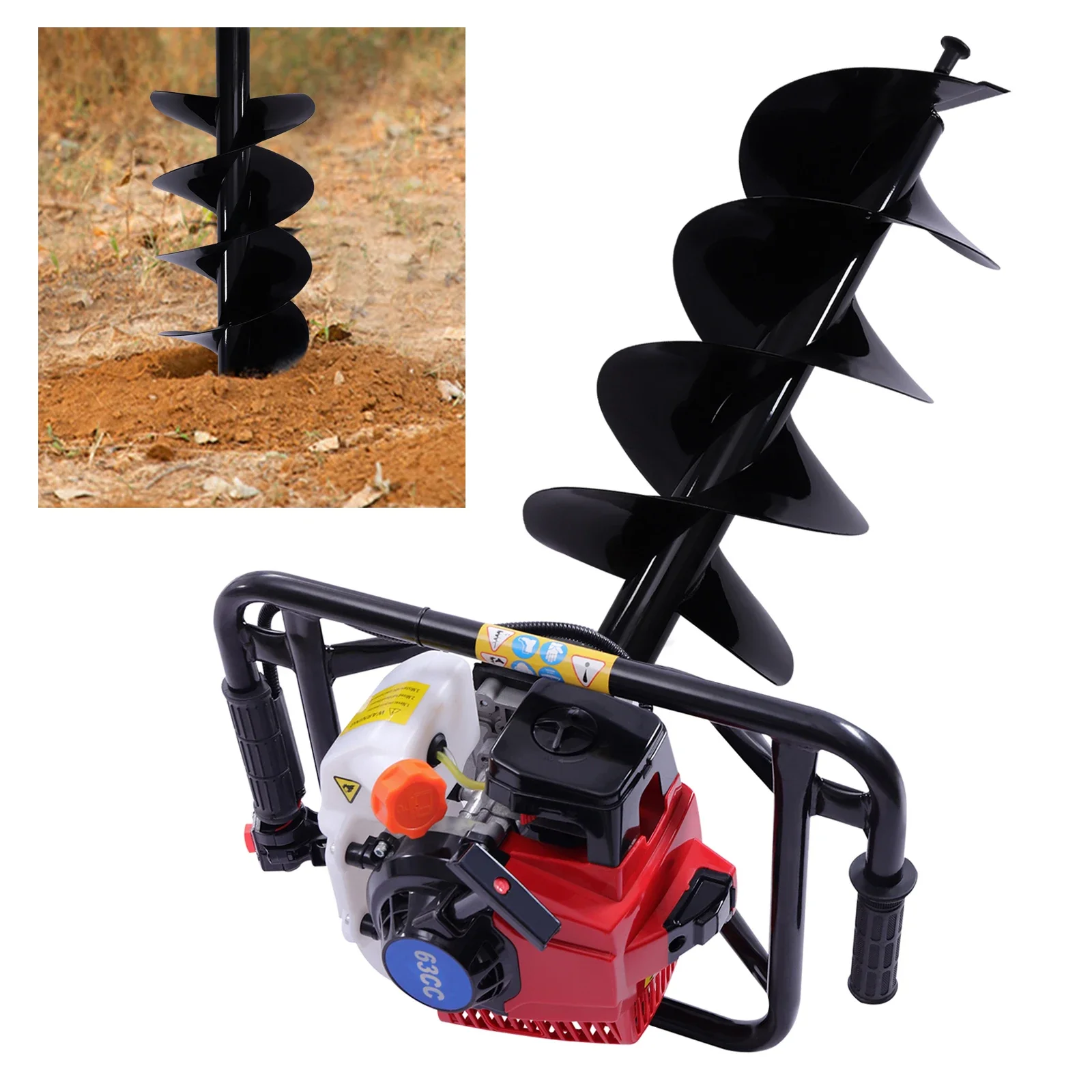 63CC 2 Stroke Motor Post Hole Digger Non-slip with 12In Auger Bit Set Auger Fence Tree Plant