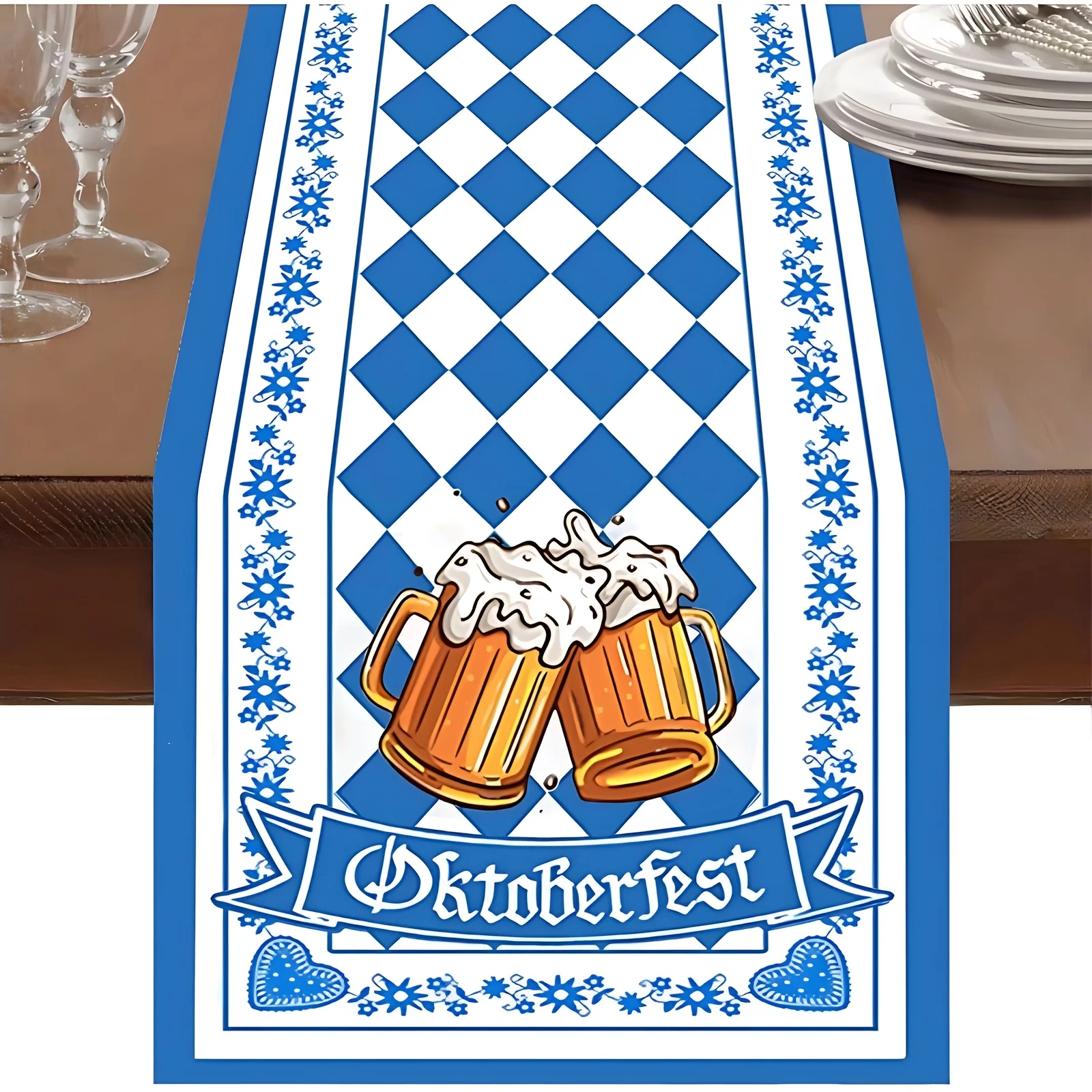 1PC Oktoberfest Tablecloth, Bavarian Beer Decor, Blue White Plaid with Snowflake & Pretzel Pattern for Beer Garden Party