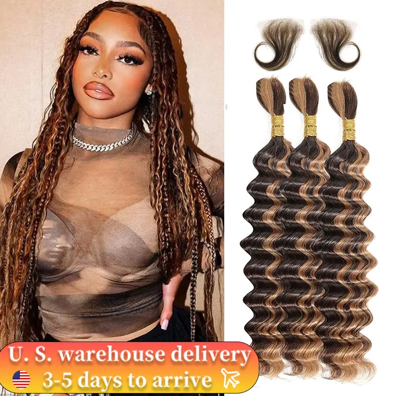 

16A Deep Wave Human Braiding Bundles Human Hair Highlight Deep Wave Bulk for Boho Braids 3Pcs Curly Bohemian Wet Wavy Human Hair