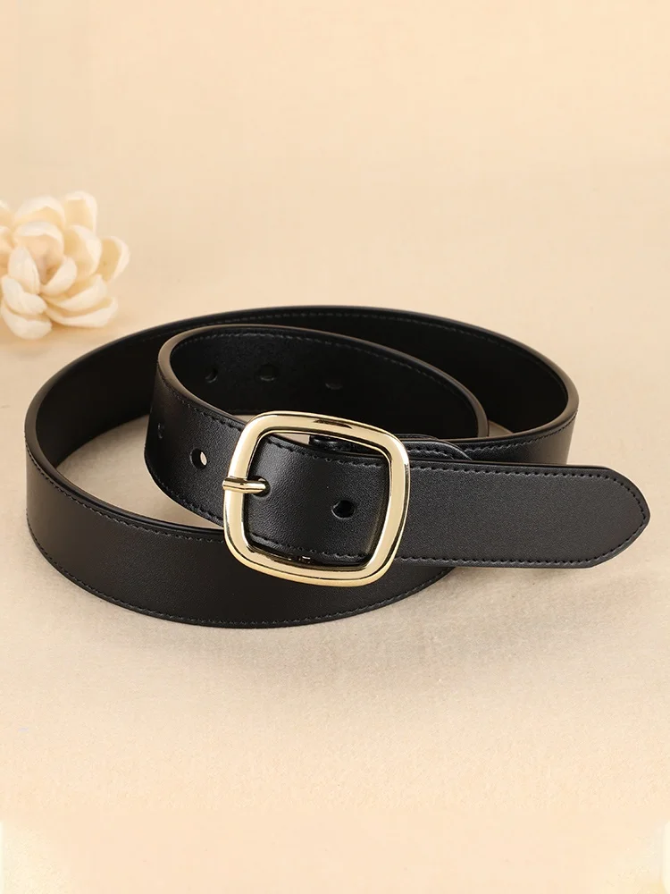 幅広の本革ベルト-レディース-シンプル-ブラック-韓国風-ゴールドバックル-ウエストベルト-ジーンズやドレス用-おしゃれなウエストシール