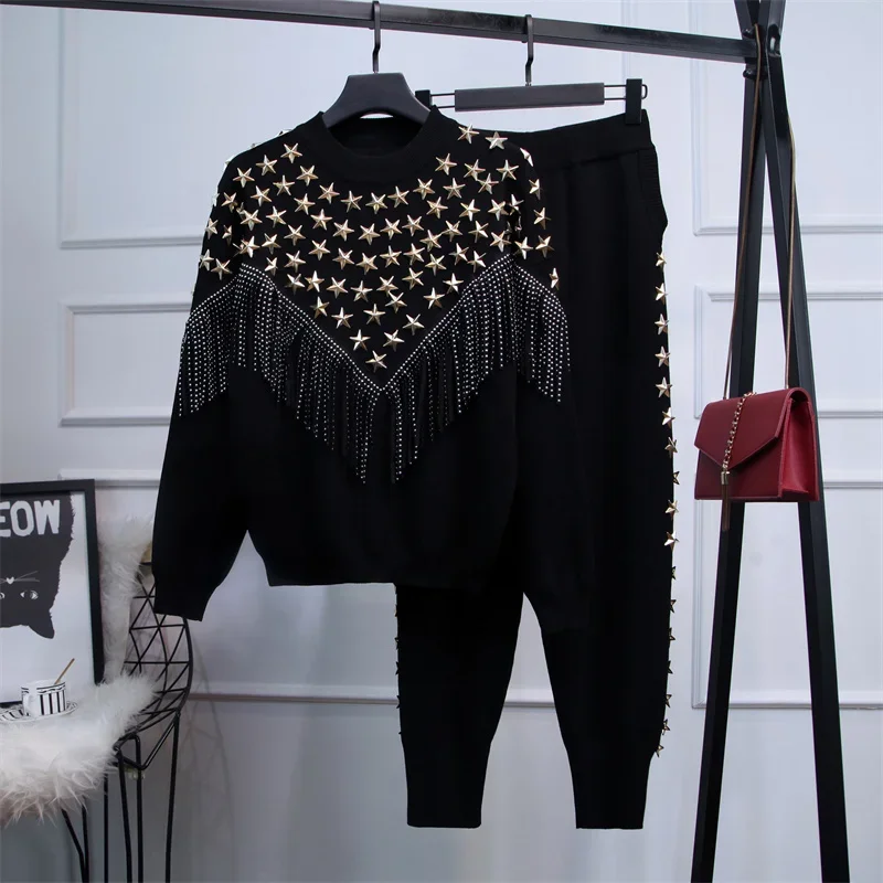 

Women's Suit Knitted 2 Pieces Set Tracksuits Women Autumn Thick Warm O-neck Beaded Tassel Loose Sweater+Ankle-Length Pants
