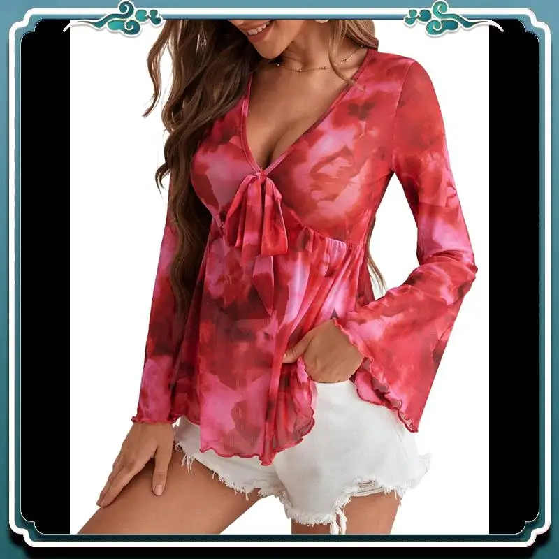 

A65G-Women's Long Sleeve Floral Print Mesh Tie Front Lettuce Trim Tee Shirt Top