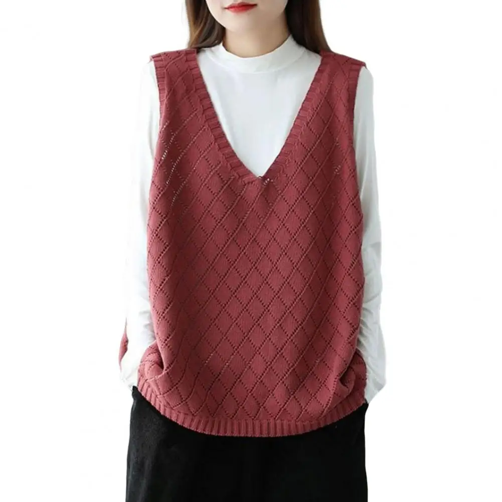 Women Vest Lightweight Sweater Vest Stylish Knitted Sweater Vest with V Neck Rhombus Texture Women's Retro Fall Fashion for Wear