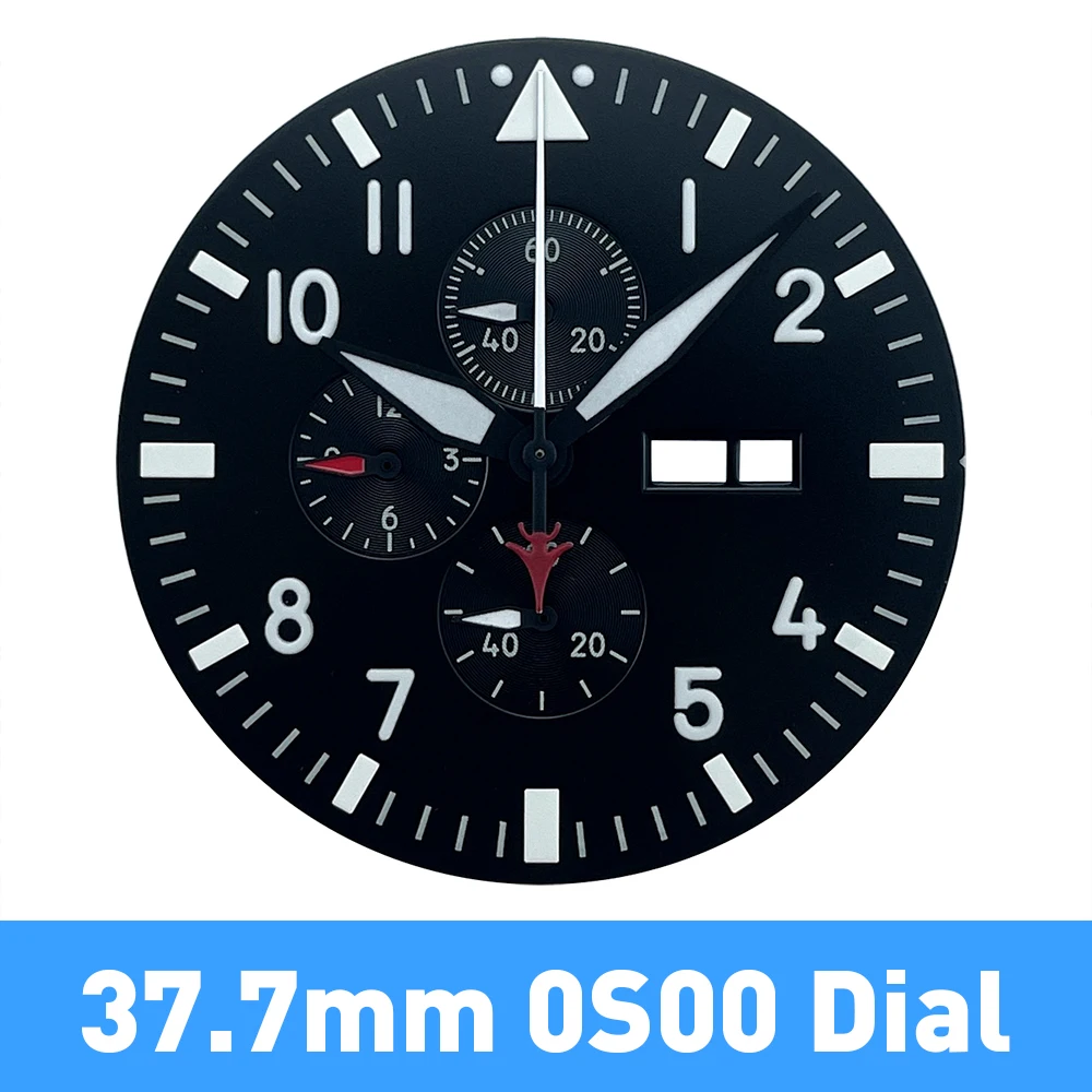 Black White 37.7mm Pilot’s Chronograph Watch Dial & Hands with Green Lume for Miyota Cal.0S00 Movement, 12-Hour Copper Design