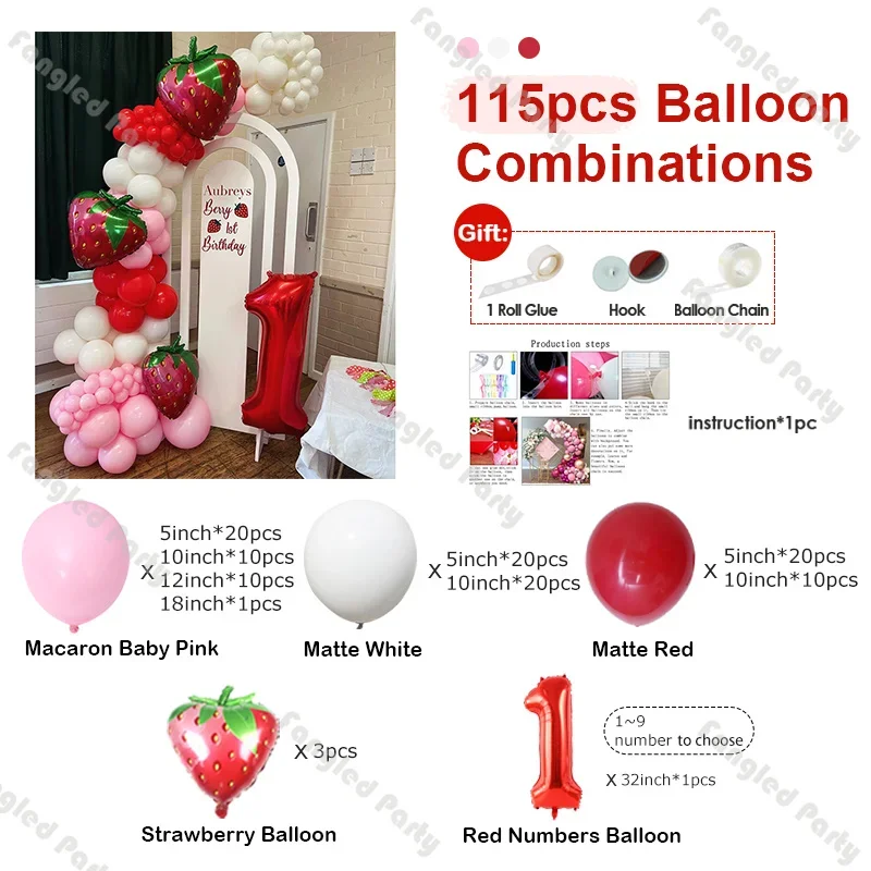 115 Strawberry Balloon Party Kit White Pink Fruit Balloon Baby Girl Shower 1st Birthday Gender Reveal Wedding Globos Bride to Be